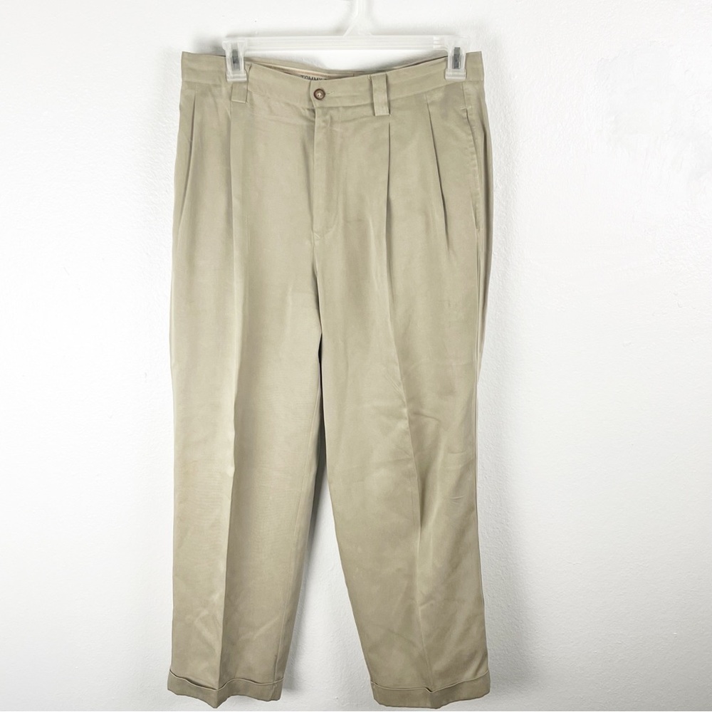 TOMMY BAHAMA 100% Silk Khaki Pleated Pockets Cuffed Hem Pants Men’s Size 34